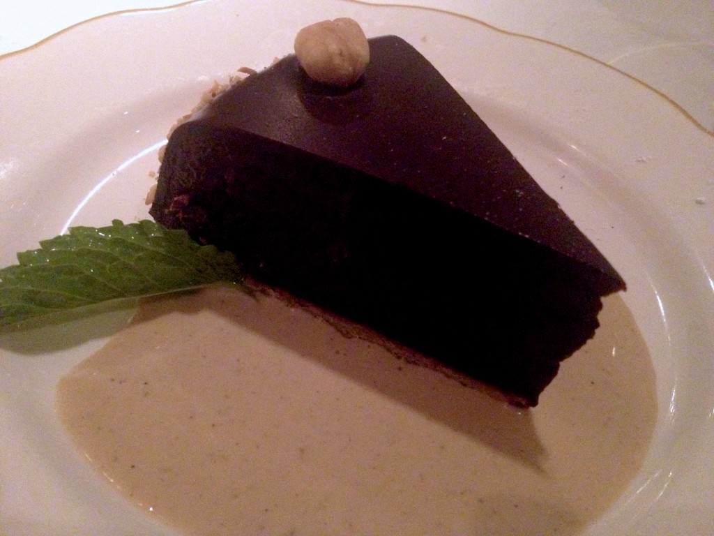 chocolate cake with creme anglaise
